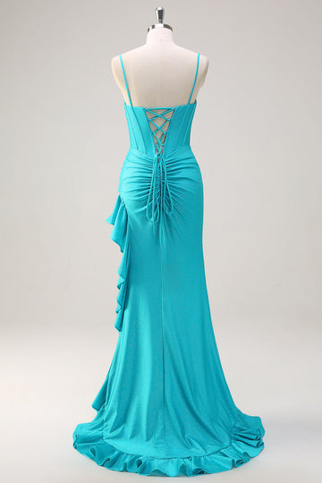 Blue Spaghetti Straps Mermaid Beaded Long Corset Formal Dress with Ruffle Slit